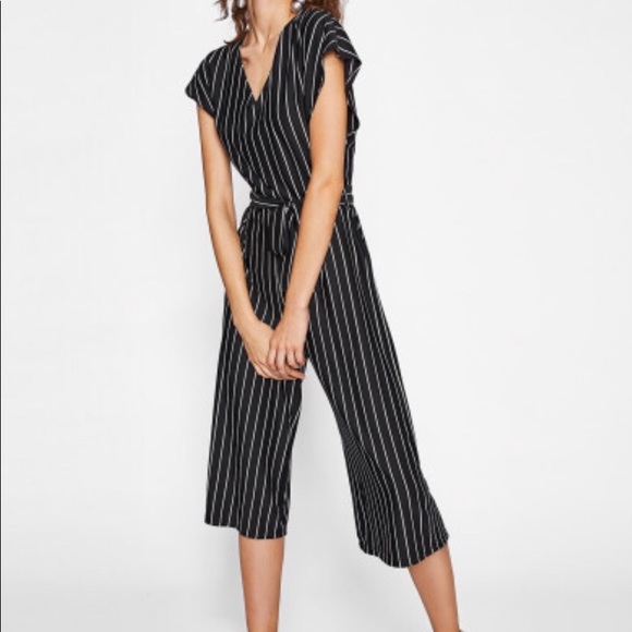 Black & White Pinstripe Tie Jumpsuit - Picture 2 of 3